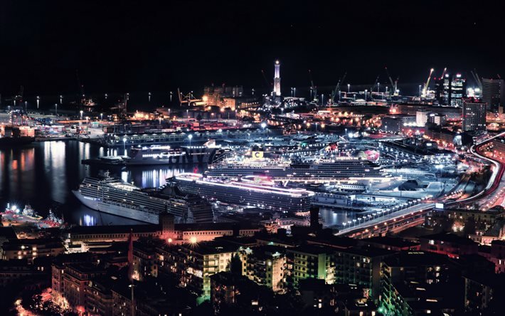 Genova, notte, porto, navi da crociera, panorama di Genova, paesaggio urbano di Genova, Italia