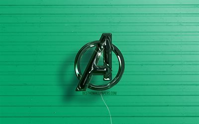 Avengers 3D logo, 4K, dark green realistic balloons, Avengers logo, green wooden backgrounds, Avengers