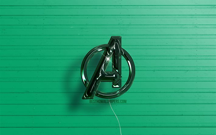 アベンジャーズ3Dロゴ, 4K, 濃い緑色のリアルな風船, アベンジャーズのロゴ, 緑の木製の背景, アベンジャーズ。