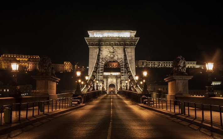 Ponte Chain, Budapeste, noite, p&#244;r do sol, ponte velha, Dan&#250;bio, paisagem urbana de Budapeste, Hungria