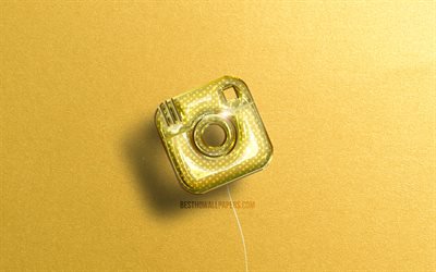 Logo 3D di Instagram, palloncini realistici gialli, 4K, social network, logo di Instagram, sfondi di pietra gialla, Instagram