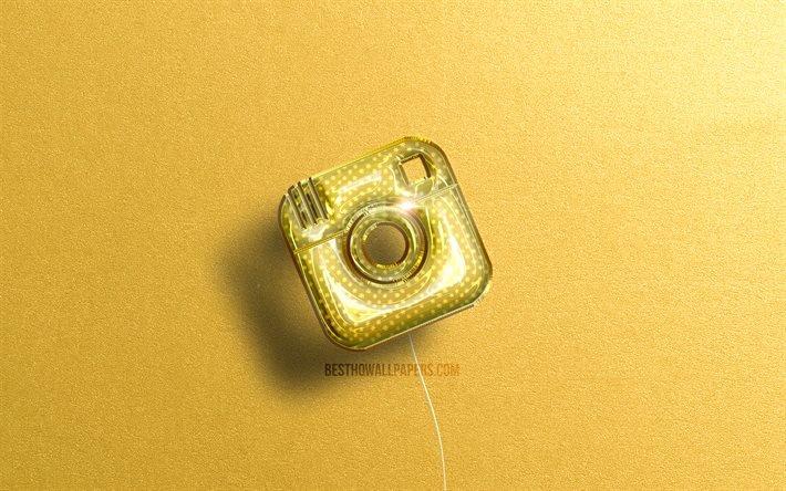 Logo 3D Instagram, ballons r&#233;alistes jaunes, 4k, r&#233;seaux sociaux, logo Instagram, fonds de pierre jaune, Instagram