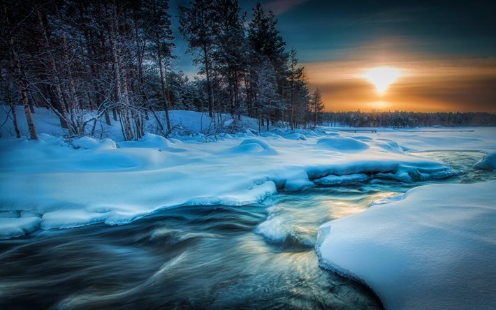 ラッピ州_BAR_/_BAR_$[~setProps ~regionType 州]finland_regionskgm, 4k, 雪の吹きだまり, 冬。, sunset, 河川, 美しい自然, ヨーロッパ, フィンランド, HDR