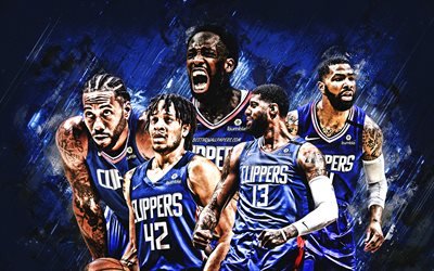 Los Angeles Clippers, clube de basquete americano, NBA, EUA, basquete, fundo de pedra azul, Kawhi Leonard, Paul George, Serge Ibaka