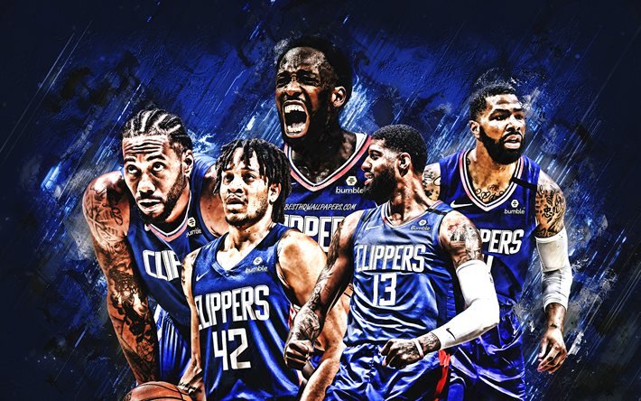 Los Angeles Clippers, American basketball club, the NBA, USA, basketball, blue stone background, Kawhi Leonard, Paul George, Serge Ibaka