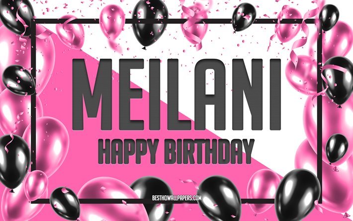 Buon compleanno Meilani, Sfondo di palloncini di compleanno, Meilani, sfondi con nomi, Sfondo di compleanno di palloncini rosa, biglietto di auguri, Compleanno di Meilani