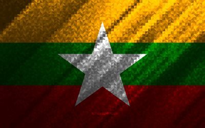 Bandeira de Mianmar, abstra&#231;&#227;o multicolorida, bandeira do mosaico de Mianmar, Mianmar, arte em mosaico, bandeira de Mianmar