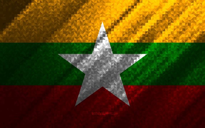Myanmar Bayrağı, &#231;ok renkli soyutlama, Myanmar mozaik bayrağı, Myanmar, mozaik sanatı, Myanmar bayrağı