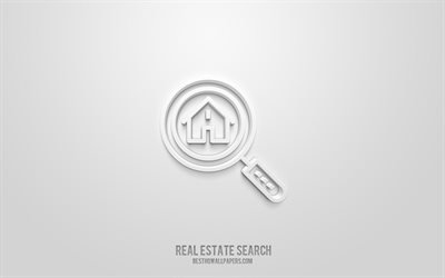 Icona 3d ricerca immobiliare, sfondo bianco, simboli 3d, ricerca immobiliare, icone immobiliare, icone 3d, segno ricerca immobiliare, icone 3d immobiliare