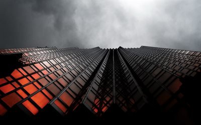 skyskrapas underifr&#229;n, glasfasad nedifr&#229;n, moderna byggnader, molnigt v&#228;der, gr&#229; moln