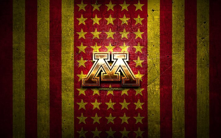 Minnesota Golden Gophers bayrağı, NCAA, mor sarı metal arka plan, amerikan futbol takımı, Minnesota Golden Gophers logosu, ABD, amerikan futbolu, altın logo, Minnesota Golden Gophers