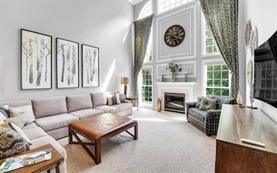 living room, modern interior design, classic style in the living room, fireplace in the living room, clock over the fireplace, gray walls in the living room