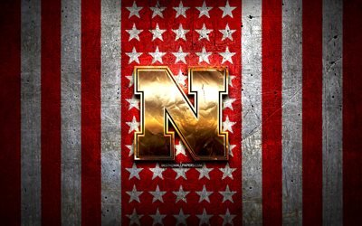 Nebraska Cornhusker flag, NCAA, red white metal background, american football team, Nebraska Cornhusker logo, USA, american football, golden logo, Nebraska Cornhusker