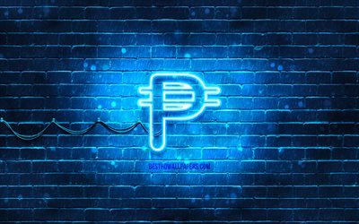Philippine peso neon icon, 4k, blue background, currency, neon symbols, Philippine peso, neon icons, Philippine peso sign, currency signs, Philippine peso icon, currency icons