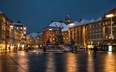 Graz, inverno, neve, sera, fontana, piazza cittadina, paesaggio urbano di Graz, Austria