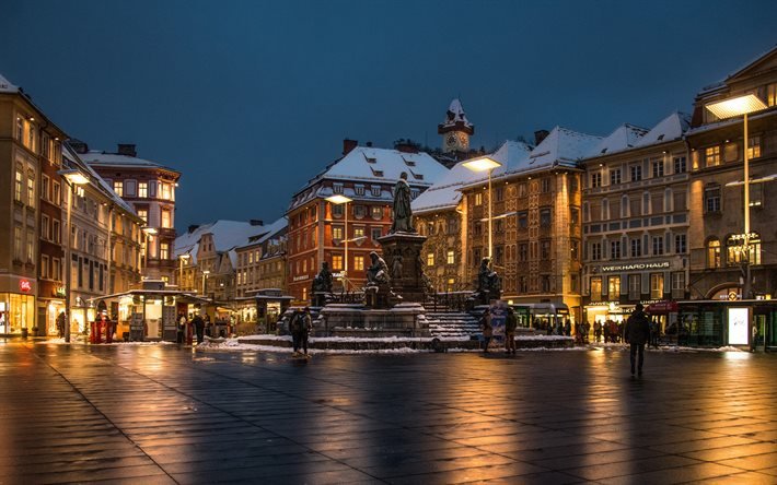 Graz, inverno, neve, noite, fonte, pra&#231;a da cidade, paisagem urbana de Graz, &#193;ustria