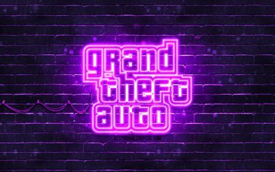 GTA violet logo, 4k, violet brickwall, Grand Theft Auto, GTA logo, GTA neon logo, GTA, Grand Theft Auto logo