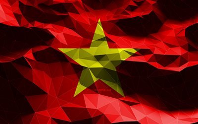 4k, bandiera vietnamita, arte low poly, paesi asiatici, simboli nazionali, bandiera del Vietnam, bandiere 3D, Vietnam, Asia, bandiera 3D del Vietnam