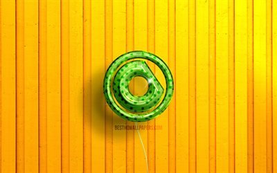 Logo 3D Nicky Romero, 4K, palloncini realistici verdi, Nick Rotteveel, sfondi in legno gialli, DJ olandesi, logo Nicky Romero, Nicky Romero