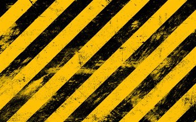 bandes d&#39;avertissement, 4k, lignes diagonales, arri&#232;re-plans grunge, lignes d&#39;avertissement, lignes jaunes et noires, arri&#232;re-plans abstraits