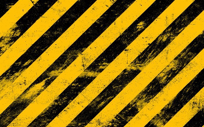 varningsband, 4k, diagonala linjer, grunge bakgrunder, varningslinjer, gula och svarta linjer, abstrakta bakgrunder