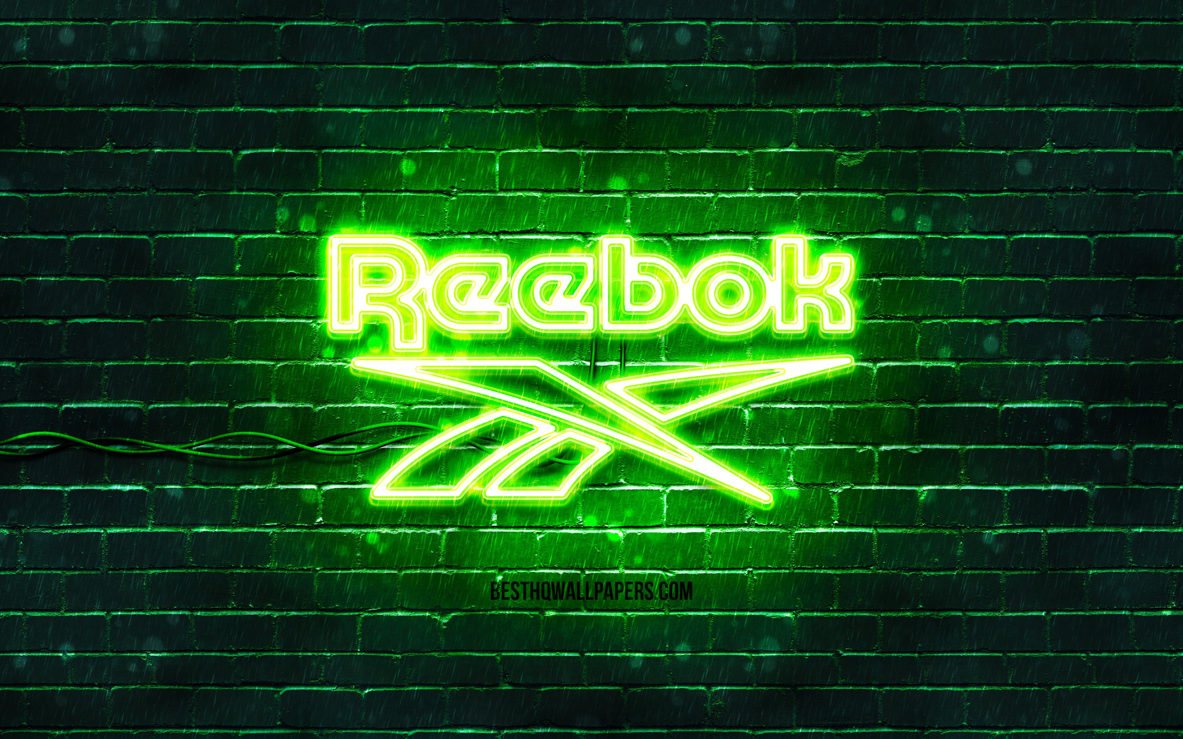 ダウンロード画像 リーボックグリーンのロゴ 4k 緑のブリックウォール リーボックのロゴ ファッションブランド リーボックネオンロゴ リーボック 画面の解像度 3840x2400 壁紙デスクトップ上