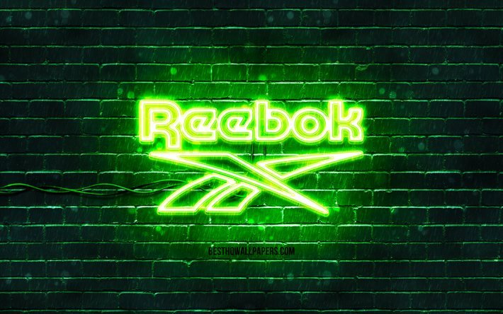 Reebok logo vert, 4k, brickwall vert, logo Reebok, marques de mode, logo n&#233;on Reebok, Reebok