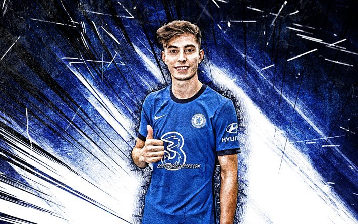 4k, Kai Havertz, grunge art, Chelsea FC, german footballers, Premier League, Kai Lukas Havertz, soccer, Kai Havertz Chelsea, football, blue abstract rays, Kai Havertz 4K