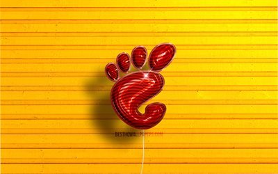 Logo Gnome, 4K, palloncini realistici rossi, Linux, logo Gnome 3D, sfondi in legno gialli, Gnome