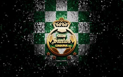Santos Laguna FC, glitter logo, Liga MX, green white checkered background, soccer, mexican football club, Santos Laguna logo, mosaic art, football, Club Santos Laguna
