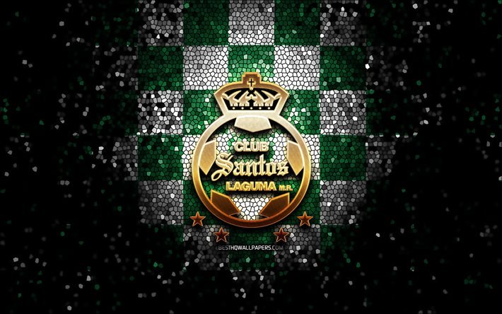 Santos Laguna FC, logo de paillettes, Liga MX, fond quadrill&#233; blanc vert, football, club de football mexicain, logo Santos Laguna, art de la mosa&#239;que, Club Santos Laguna