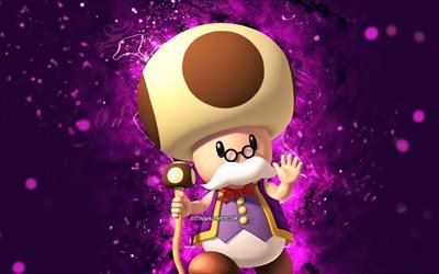 Toadsworth, 4k, assistente de desenho animado, luzes de n&#233;on violeta, Super Mario, criativo, personagens de Super Mario, Super Mario Bros, Toadsworth Super Mario