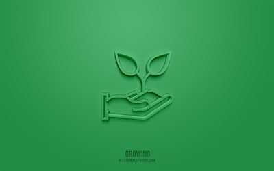 Growing 3d icon, green background, 3d symbols, Growing, Eco icons, 3d icons, Growing sign, Eco 3d icons, sprout in hand 3d icon