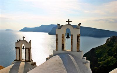Santorini, chiesa bianca, mattina, alba, campana, mar Egeo, edifici bianchi, costruzione di una chiesa greca, Grecia