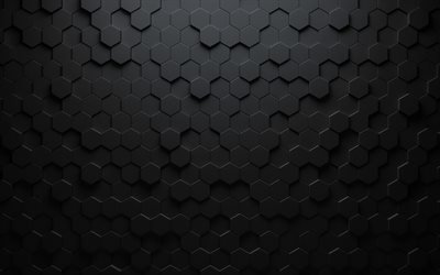 black hexagons, 3D textures, honeycomb, hexagons patterns, hexagons textures, black backgrounds, hexagons 3D texture