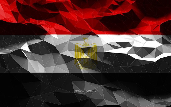 4k, bandiera egiziana, arte low poly, paesi africani, simboli nazionali, bandiera dell&#39;Egitto, bandiere 3D, Egitto, Africa, bandiera Egitto 3D, bandiera Egitto