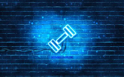 Dumbbell neon icon, 4k, blue background, neon symbols, Dumbbell, neon icons, Dumbbell sign, sports signs, Dumbbell icon, sports icons