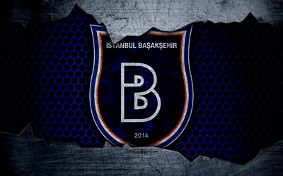 Basaksehir, 4k, logo, Super Lig, soccer, football club, grunge, Basaksehir FC, art, metal texture