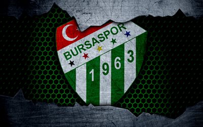 Bursaspor, 4k, logo, Super Lig, soccer, football club, grunge, Bursaspor FC, art, metal texture