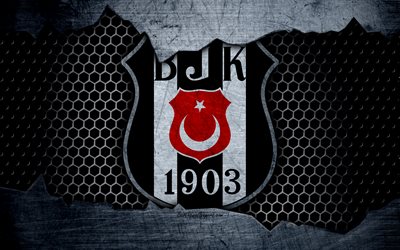Besiktas, 4k, logo, Super Lig, soccer, football club, grunge, Besiktas FC, art, metal texture