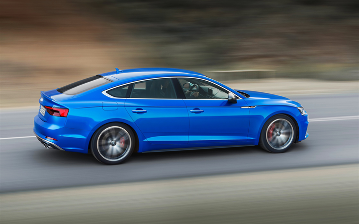Audi S5 Sportback, 2018, 4k, sininen S5, uusia autoja, uusi S5, Saksan autoja, tie, nopeus, Audi