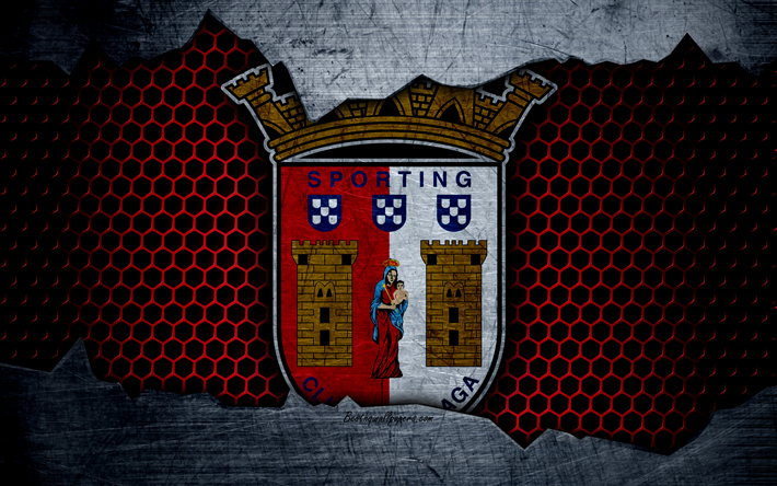 Braga FC, clube de futebol, logo, emblema, Braga, Portugal, futebol, Campeonato portugu&#234;s, textura de metal, grunge