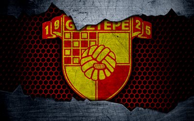 Goztepe, 4k, logo, Super Lig, soccer, football club, grunge, Goztepe FC, art, metal texture