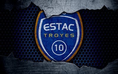 Troyes, 4k, Liga 1, logo, grunge, soccer, football club, metal texture, Ligue 1, art, FC Troyes