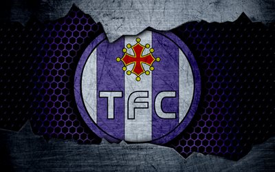 Toulouse, 4k, Liga 1, logo, grunge, soccer, football club, metal texture, Ligue 1, art, Toulouse FC