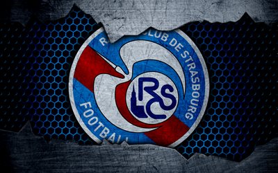 Strasbourg, 4k, Liga 1, logo, grunge, soccer, football club, metal texture, Ligue 1, art, Strasbourg FC
