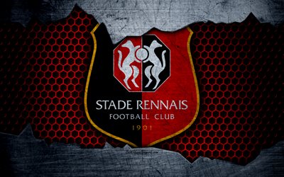 Rennes, 4k, Liga 1, logo, grunge, soccer, football club, metal texture, Ligue 1, art, Rennes FC