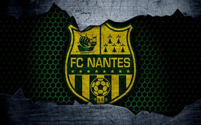 Nantes, 4k, Liga 1, logo, grunge, soccer, football club, metal texture, Ligue 1, art, Nantes FC