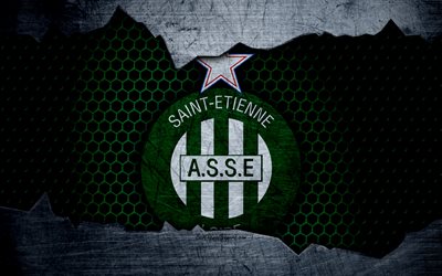 Saint-Etienne, 4k, Liga 1, logo, grunge, soccer, football club, metal texture, Ligue 1, art, Saint-Etienne FC