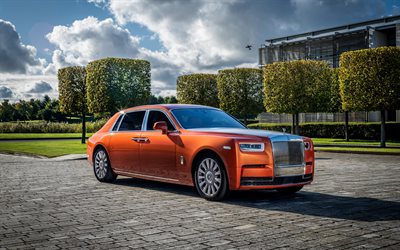 4k, Rolls-Royce Phantom EWB, 2017 cars, tuning, orange Phantom, Rolls-Royce